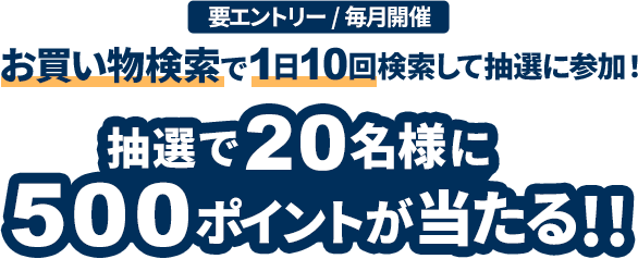 エントリーして、お買い物検索タブで1日10回以上検索で、抽選で20名様に500ポイント！