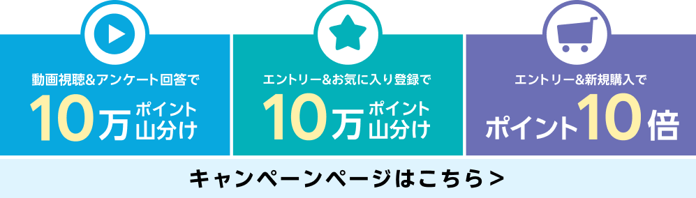 動画視聴＆アンケート回答で10万ポイント山分け、エントリー＆お気に入り登録で10万ポイント山分け、エントリー＆新規購入でポイント10倍